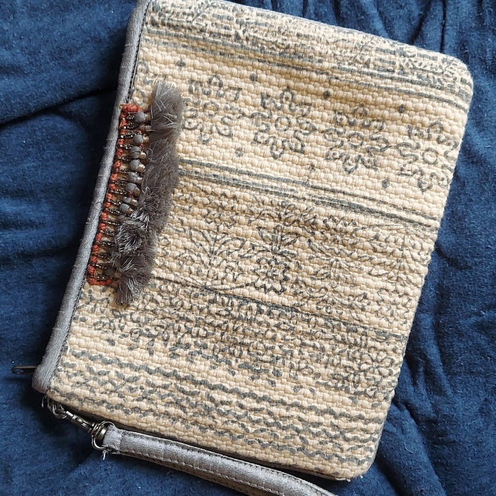 Indian Clutch Bag - cream w/gray Henna tat designs - cotton